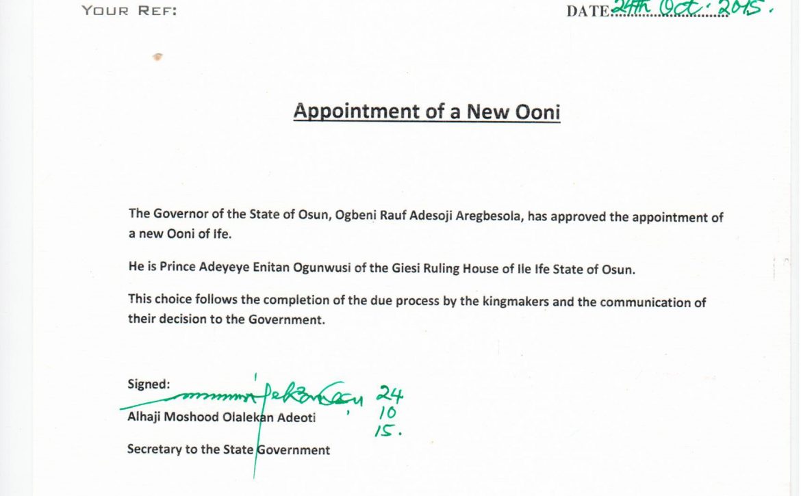 Appointment of  a New Ooni of Ife